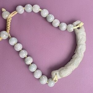 Vintage Hand Carved Jade Dragon Bar Beaded Bracelet Pale Green Icy White Jadeite